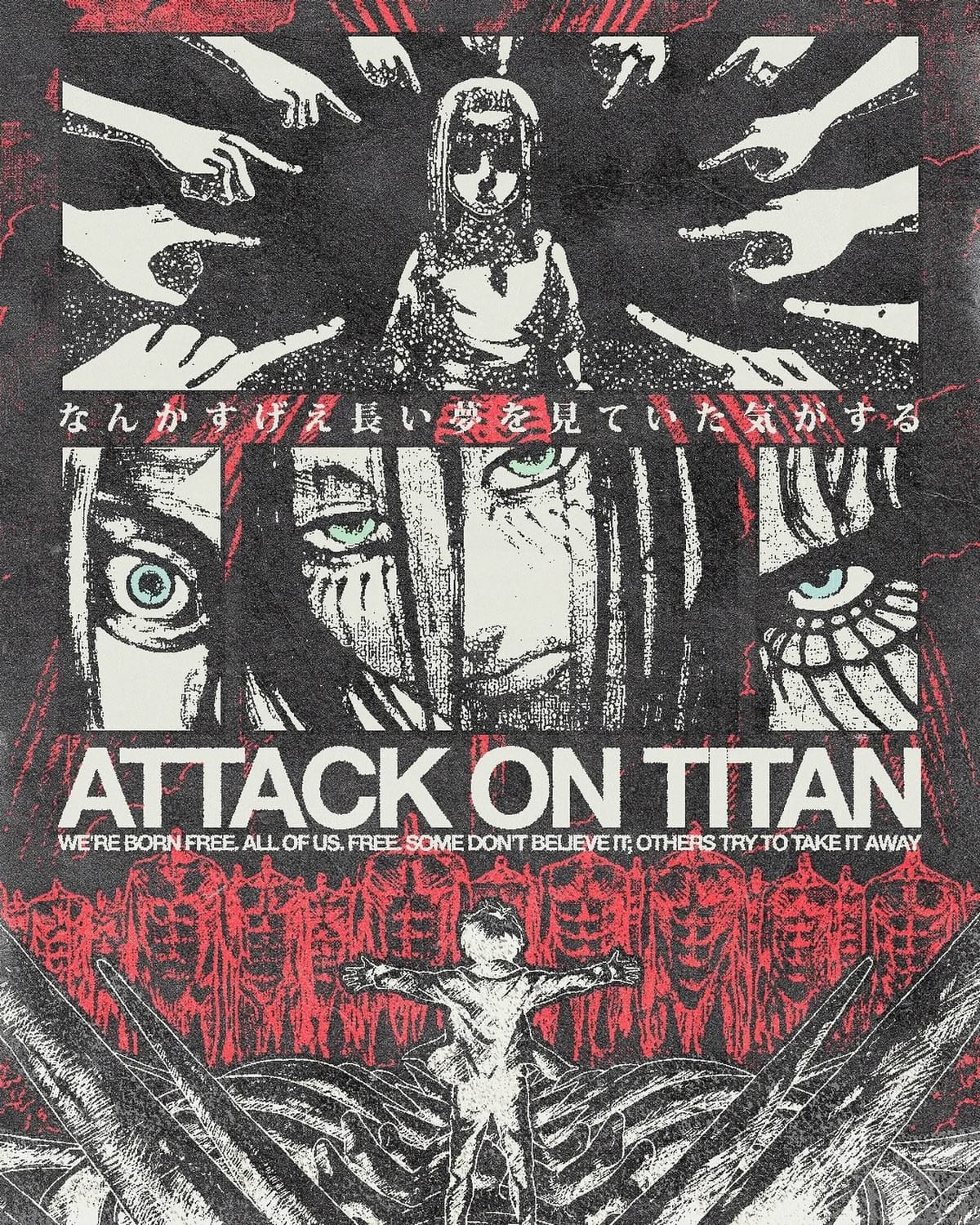 Design de pôster minimalista para Attack on Titan em preto e vermelho