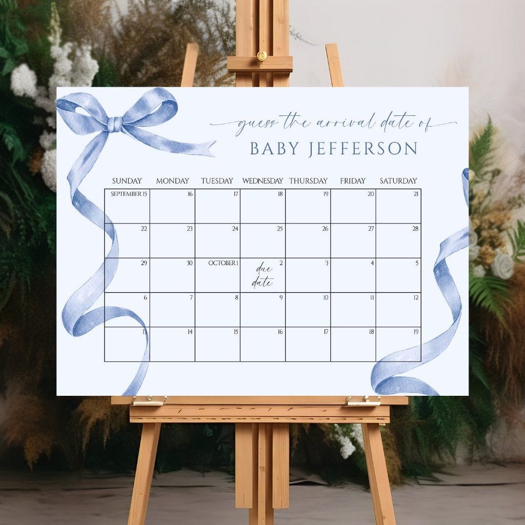 Blue Bow Baby Shower Guess Due Date Calendar Poste Poster