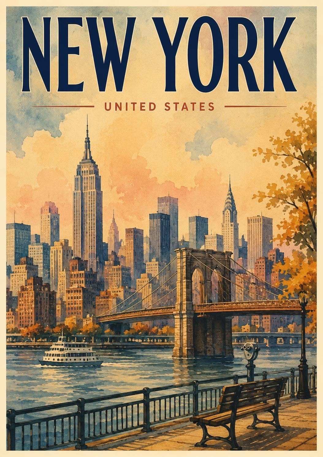 New York Brooklyn Bridge Travel Poster | Vintage Cityscape Wall Art (Digital Download)