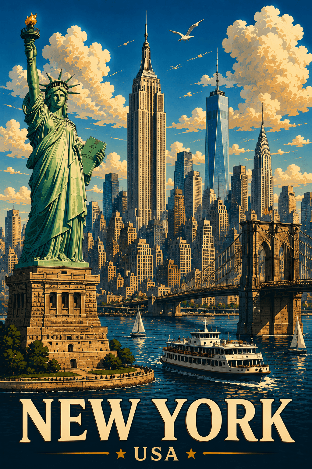 Vintage New York City Travel Poster | Statue of Liberty & NYC Skyline Wall Art