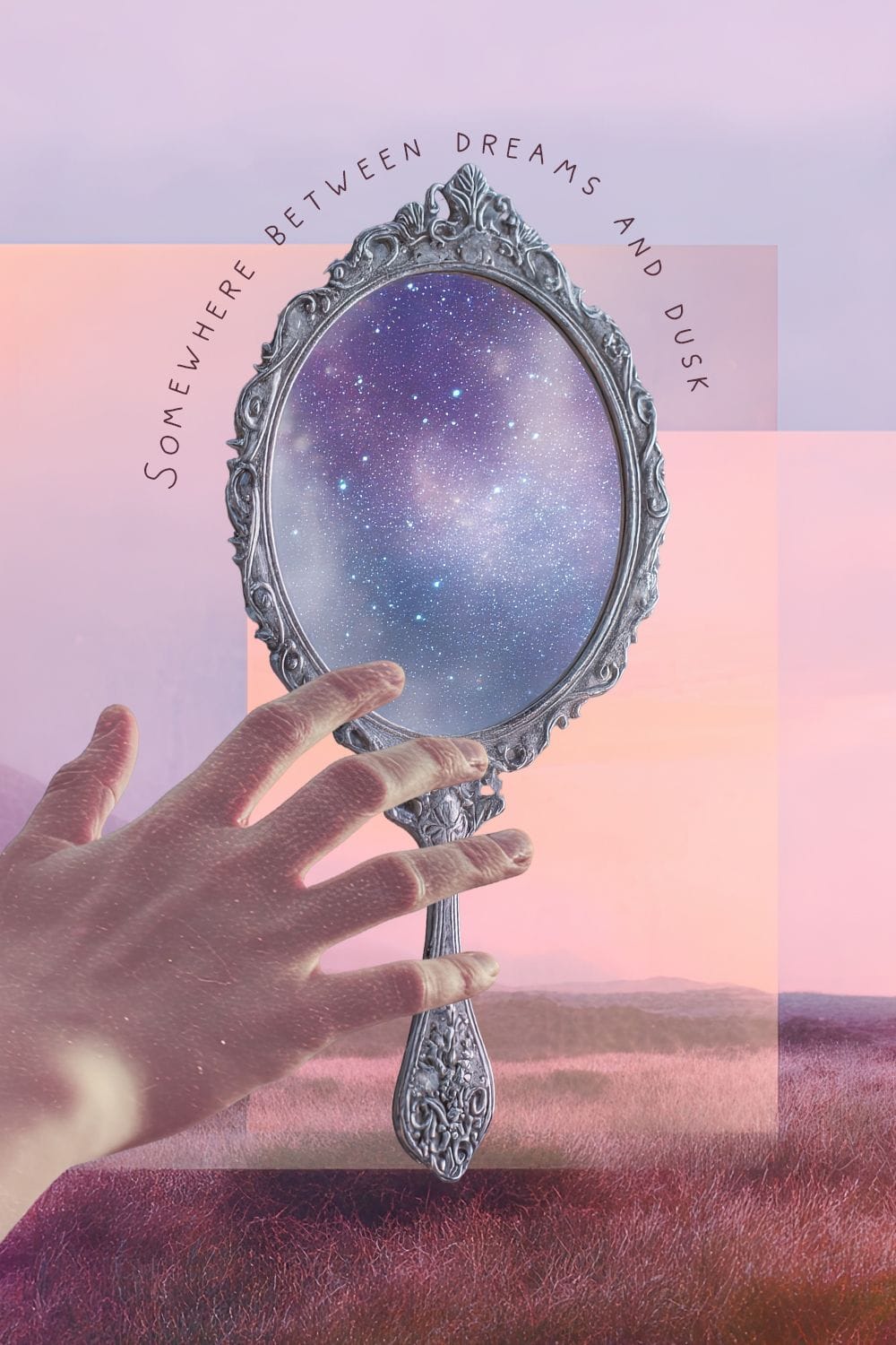 Mystical Surreal Poster with Mirror, Hand and Galaxy Sky