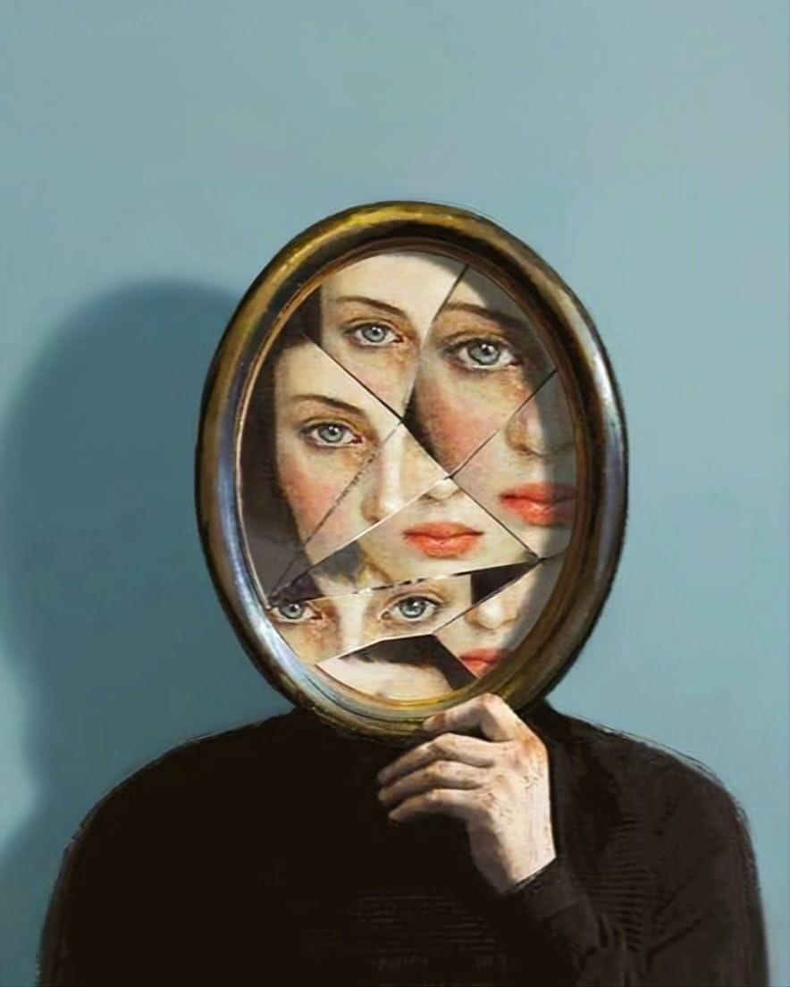 a woman holding up a mirror to her face with multiple faces on its sides