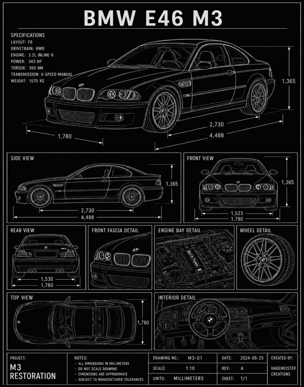 BMW E46 M3 Blueprint Poster, Dark Blue Automotive Wall Art