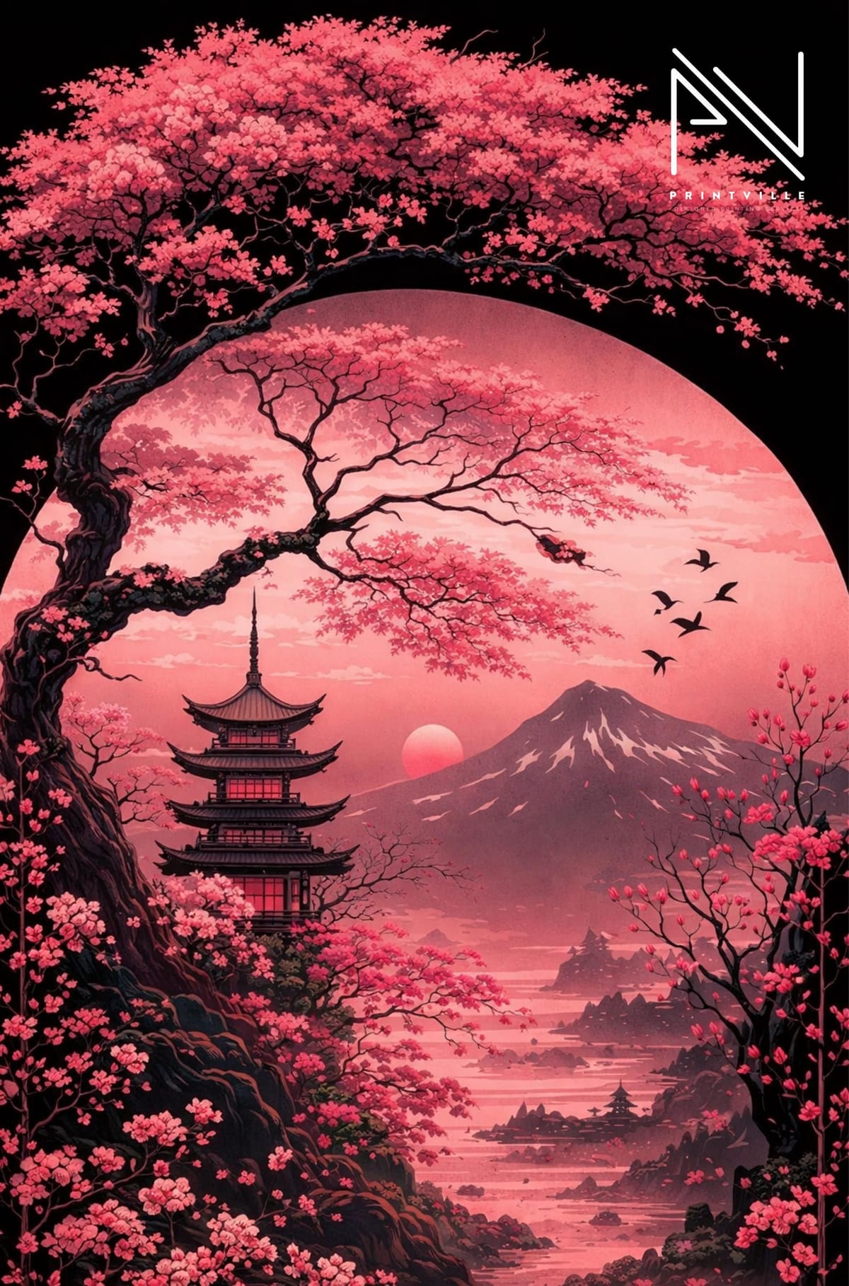 Cherry Blossom Japan Wall Art Print, Sakura Landscape Painting, Japanese Pagoda Mountain Decor, Aesthetic Home Poster