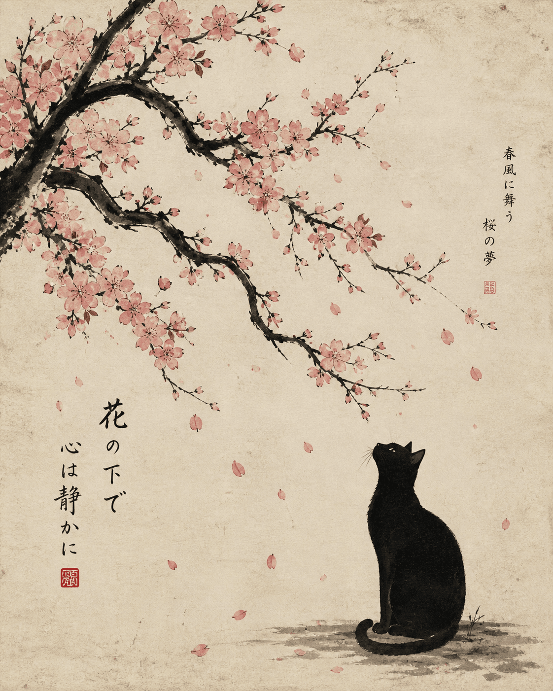 Japanese Black Cat Wall Art Print, Cherry Blossom Painting