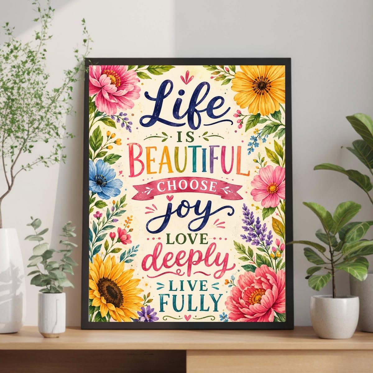 Life Is Beautiful Choose Joy Floral Rolled Poster | Inspirational Wall Art, Living Room Decor, Guest Room Art