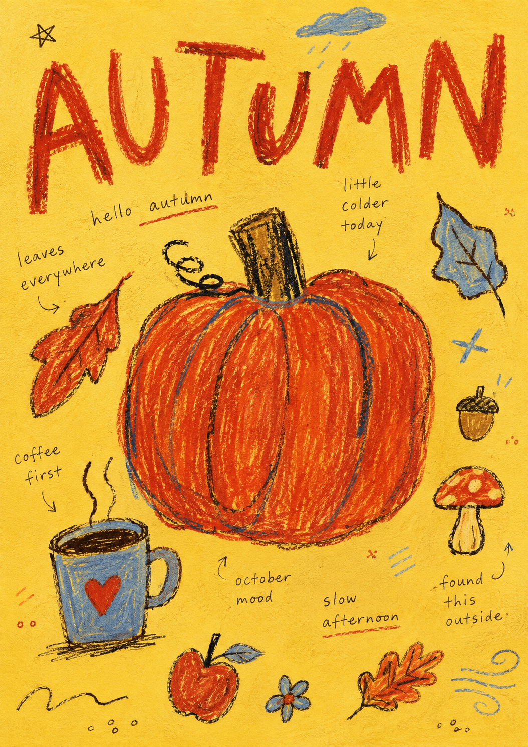 Autumn Wall Art Printable, Naive Sketch Poster, Fall Crayon Art