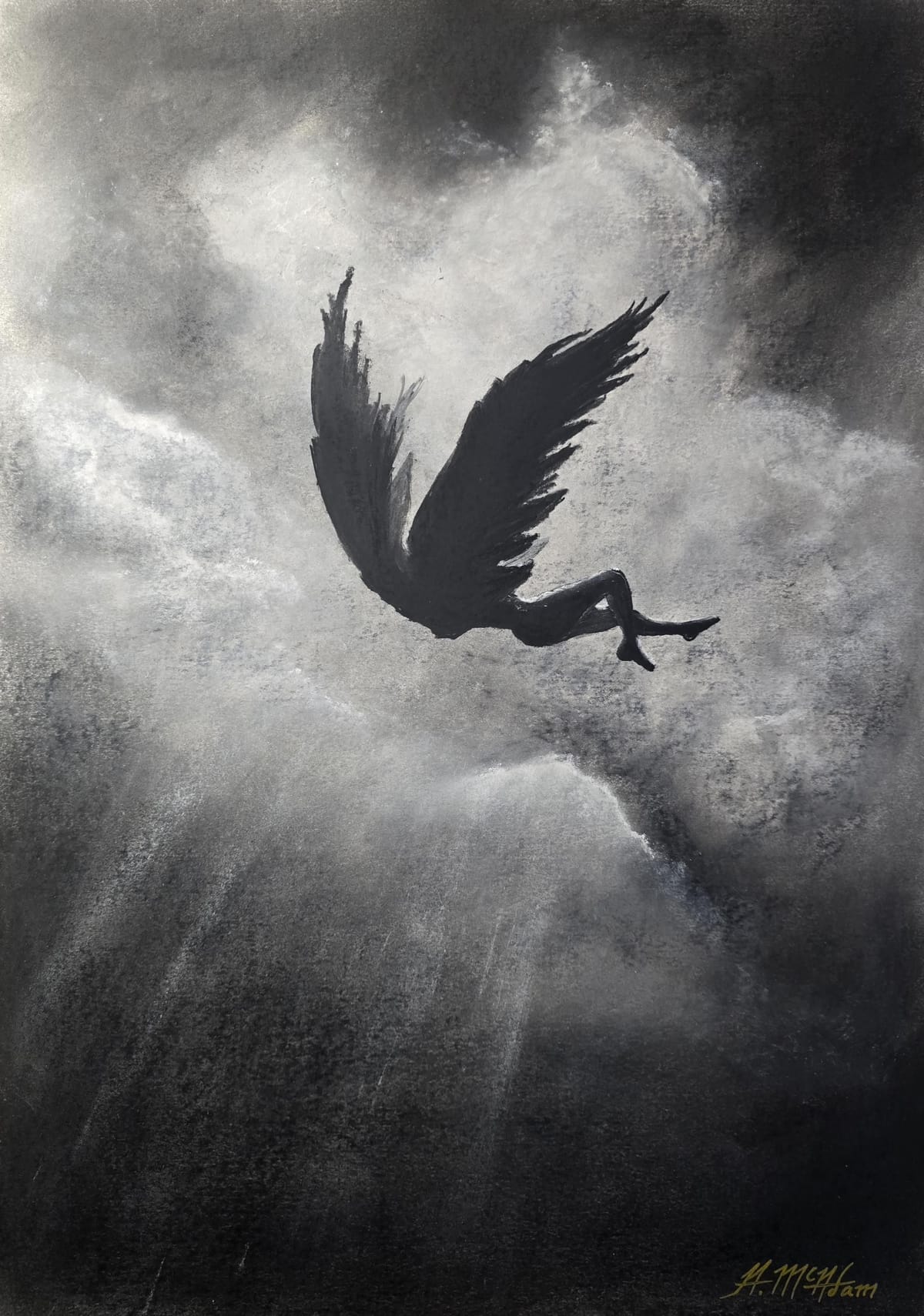 Broken wings. Professional quality hand signed fine art print. Original art by Andrew McAdam. Unframed, size A3.