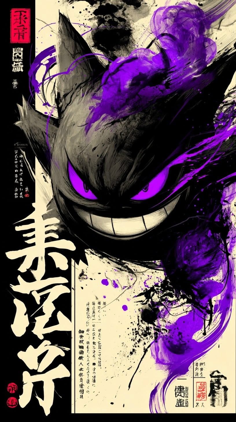 Gengar Ink Art Wallpaper – Ghost-Type Pokémon in Japanese Brush Style