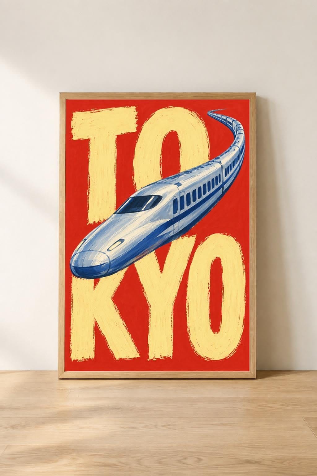 Tokyo Bullet Train Poster Print, Japan Travel Wall Art, Vintage Style Shinkansen Illustration, Bold Typography Travel Decor, Red Yellow