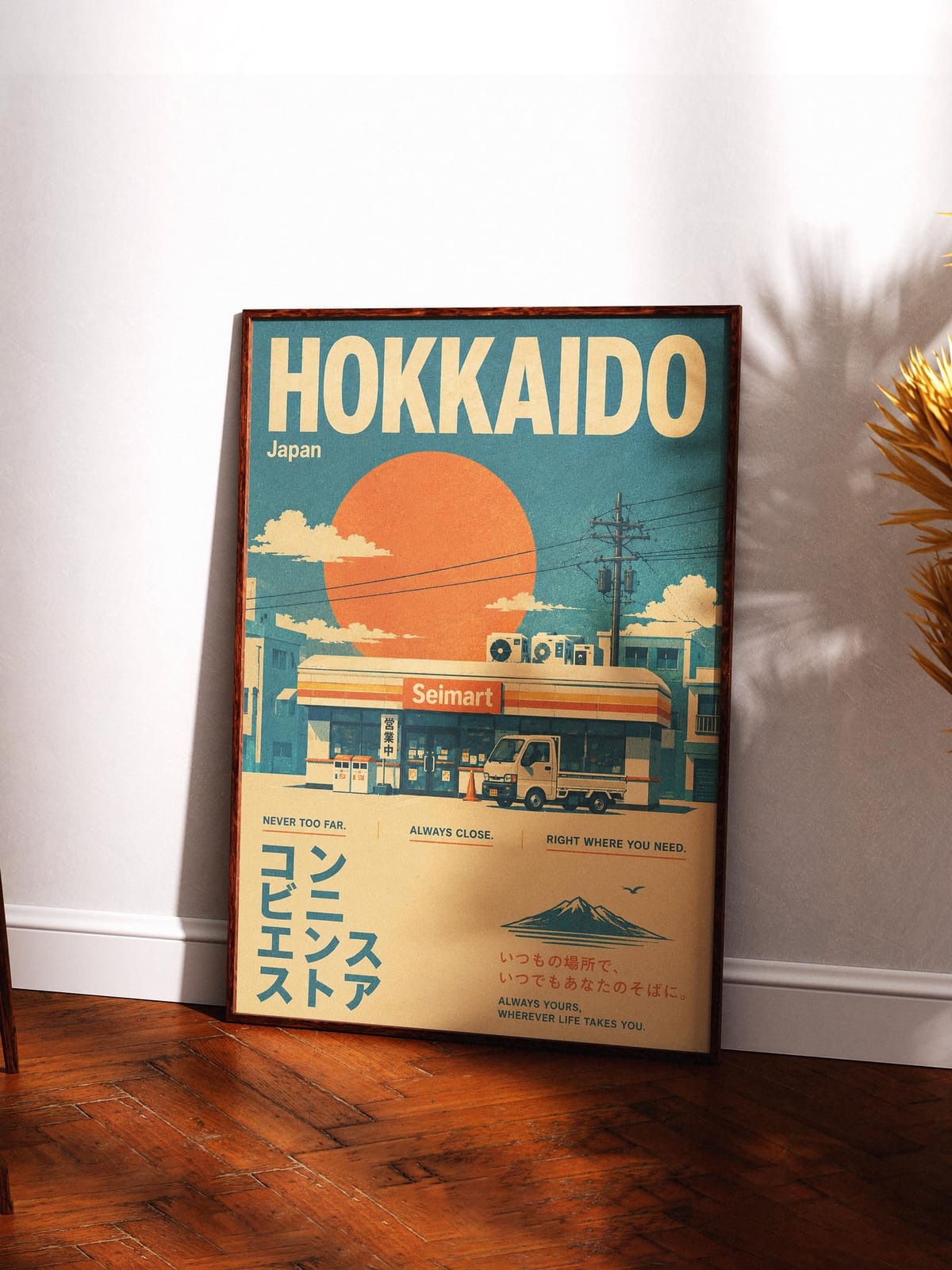 Hokkaido Poster, Japanese Convenience Store Wall Art, Retro Japan Travel Print, Red Sun, Unframed Poster