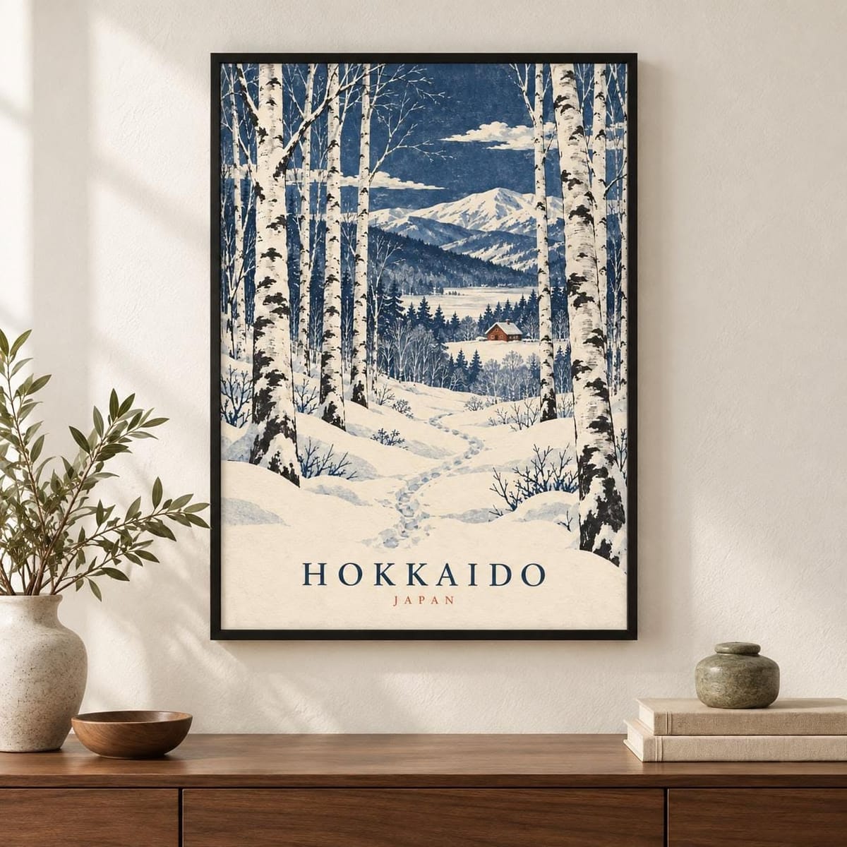 Hokkaido Snow Forest Print, Japanese Woodblock Style, Quiet Winter Mountain Wall Art