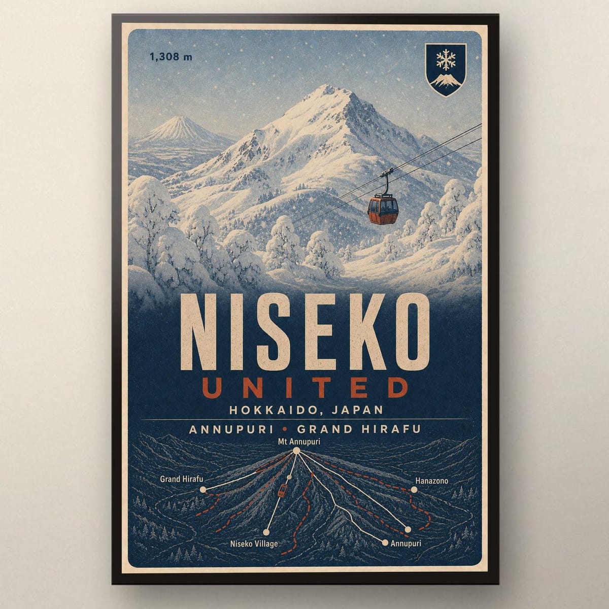 Niseko United Travel Poster, Hokkaido Japan Ski Print, Vintage Mountain Wall Art, Winter Sports Gift
