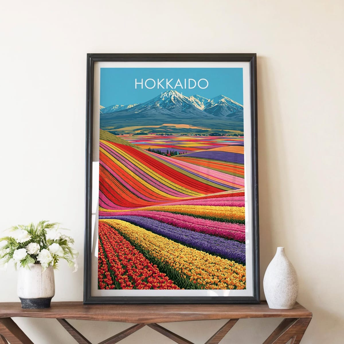 Hokkaido Japan Print, Rainbow Flower Fields Mountains Vintage Travel Poster, Colorful Wall Art