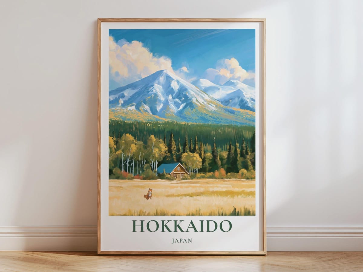Hokkaido Japan Travel Poster, Japanese Mountain Wall Art, Fox Wilderness Print