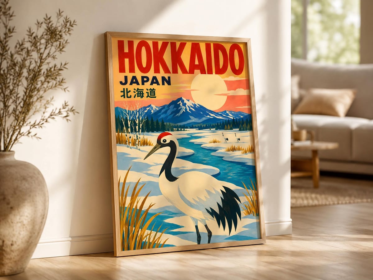 Hokkaido Travel Poster - Mid Century Vintage Crane Wall Art - Japan Travel Print