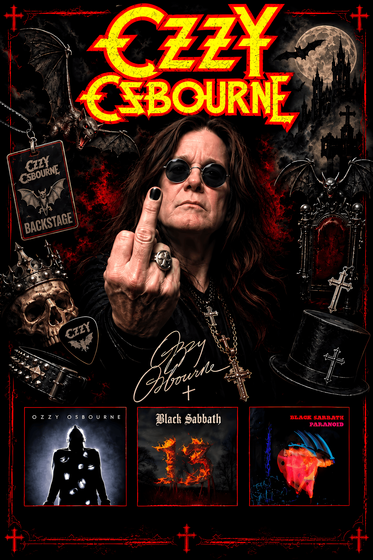 Ozzy Osbourne Poster.. 3 álbumes y decoración estilo Ozzy Osbourne