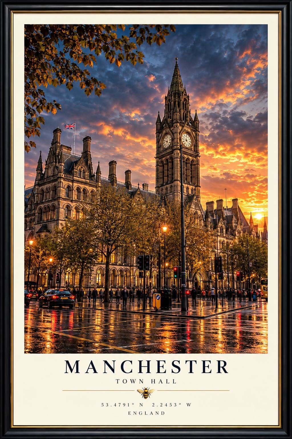 Manchester Town Hall Sunset Poster, Cinematic UK City Art (Digital Download)