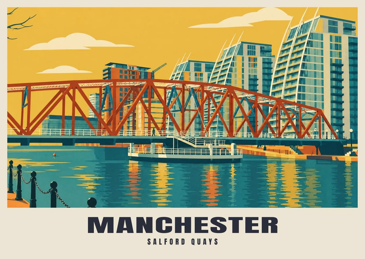 Salford Quays, Manchester Poster - Framed — Natural wood / A3