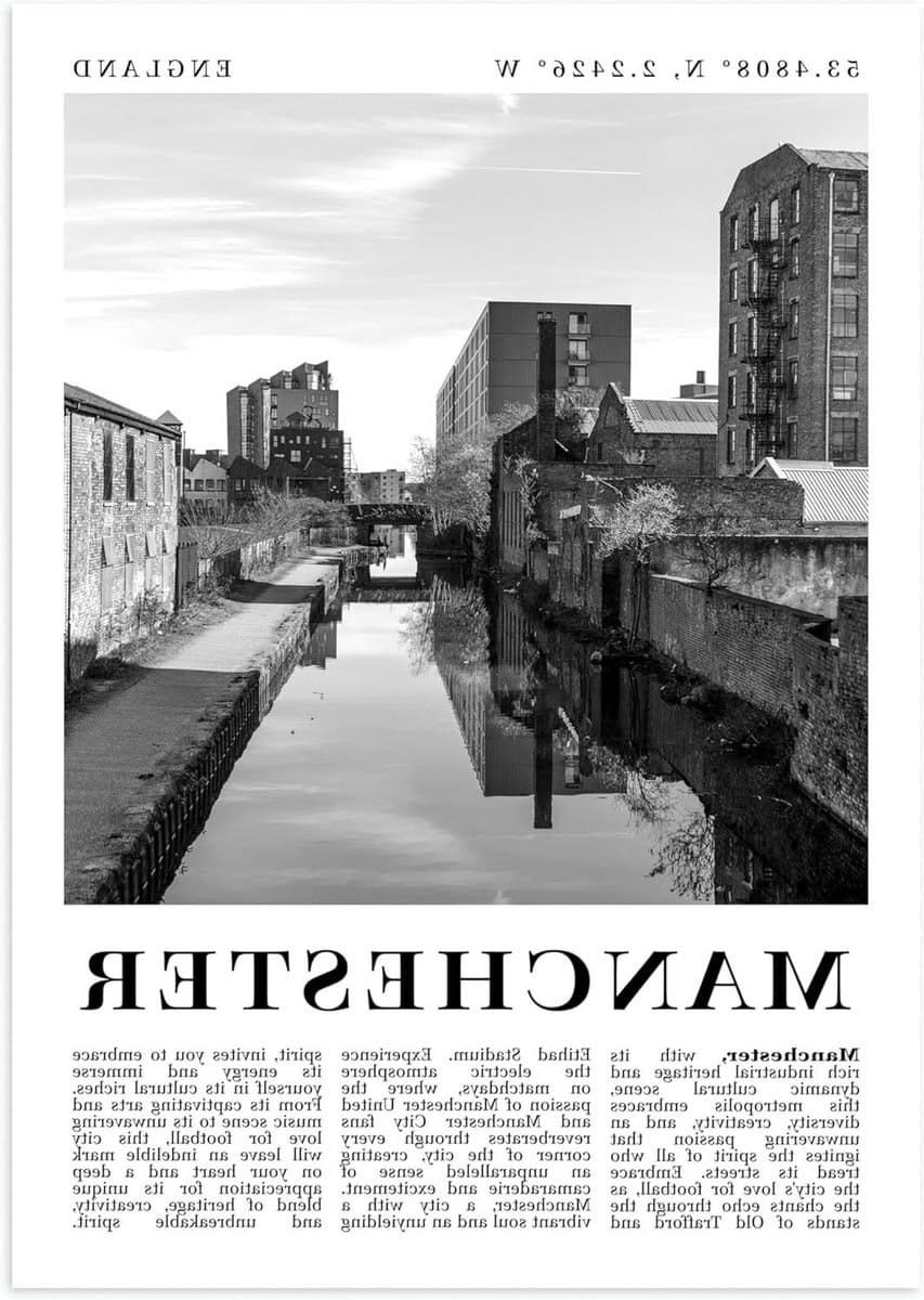 Manchester - Engeland Engeland reisposter, zwart-wit fotografische stad bestemming afdrukken, Groot-Brittannië foto, woonkamer decor, archiefmat, A...