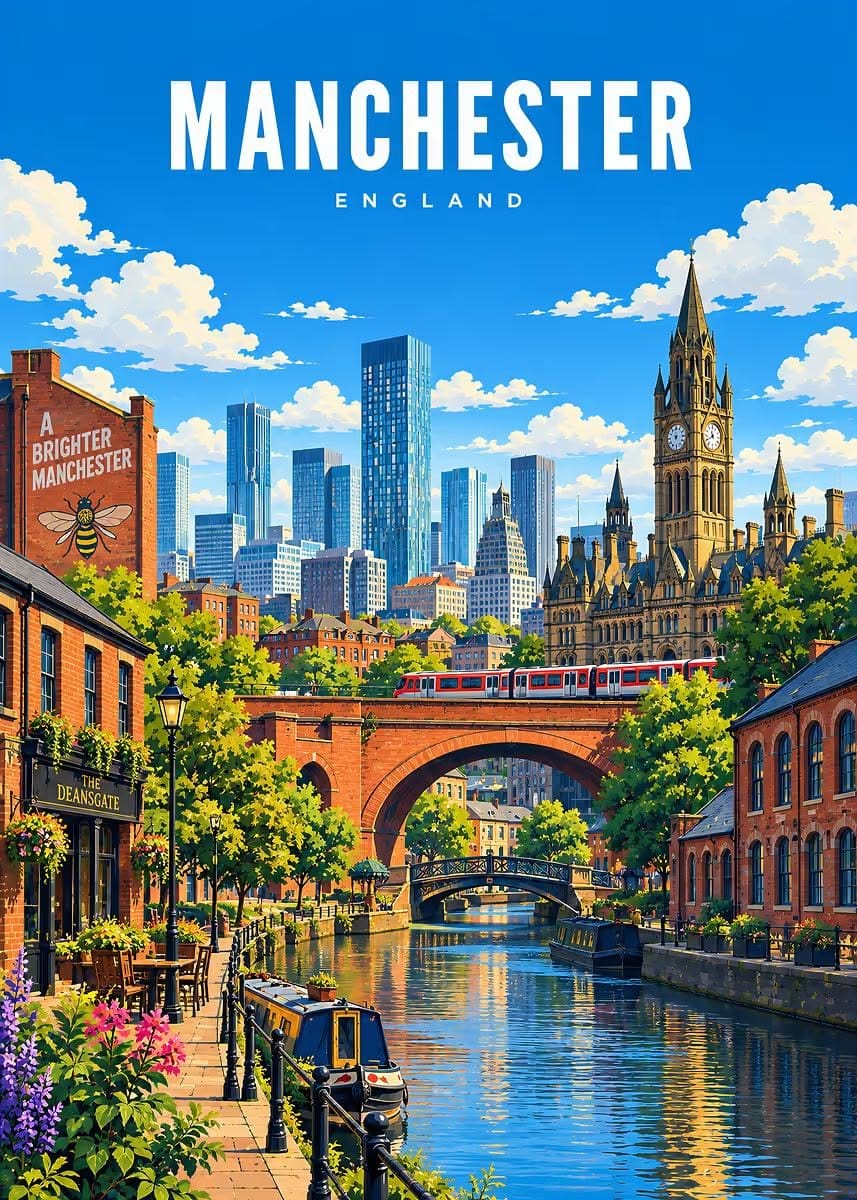 'Manchester, England Cityscape Travel Poster' Poster, picture, metal print, paint by Angel Ethereal | Displate