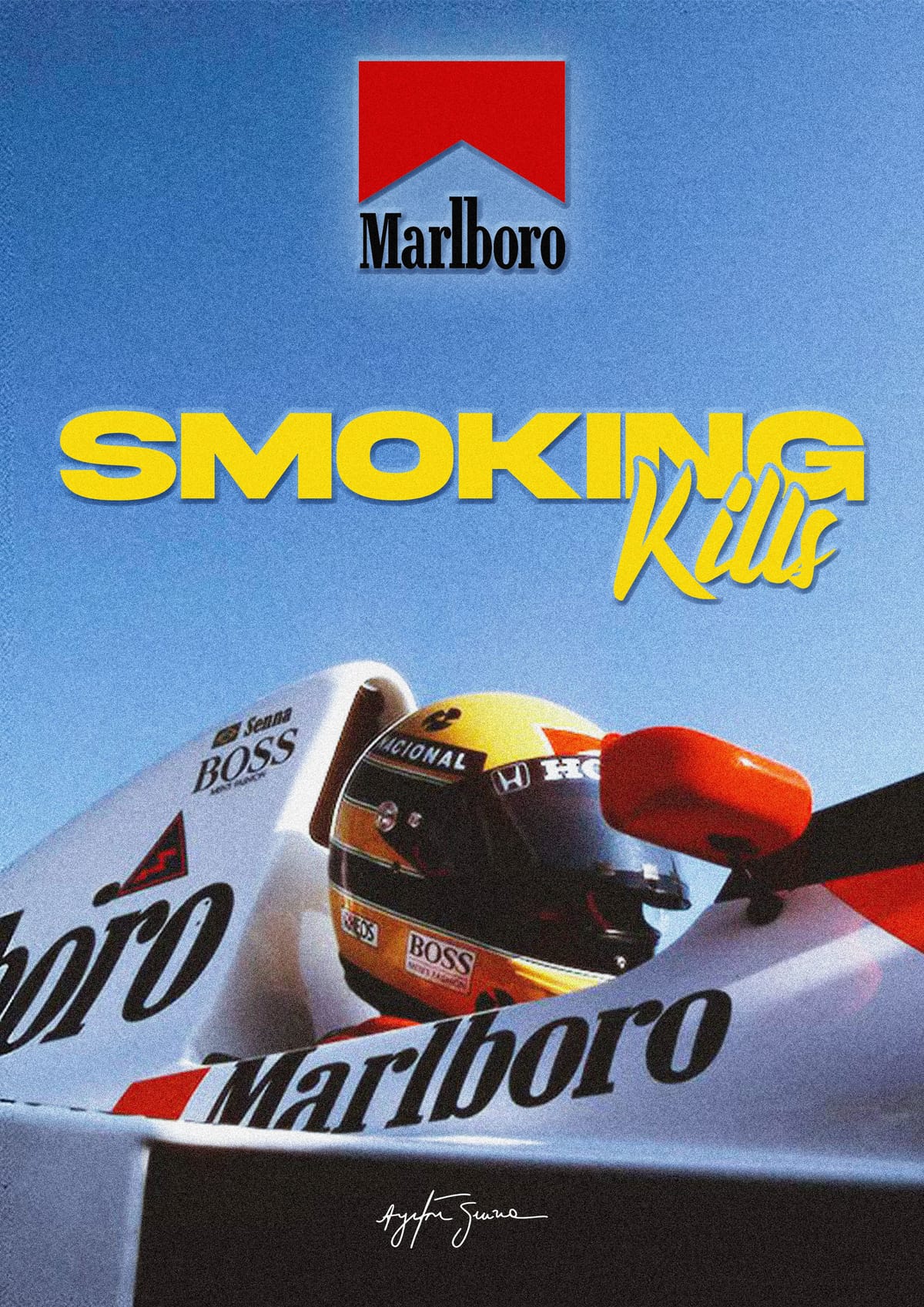 Minimalist Ayrton Senna Formula 1 racing poster for wall decor.