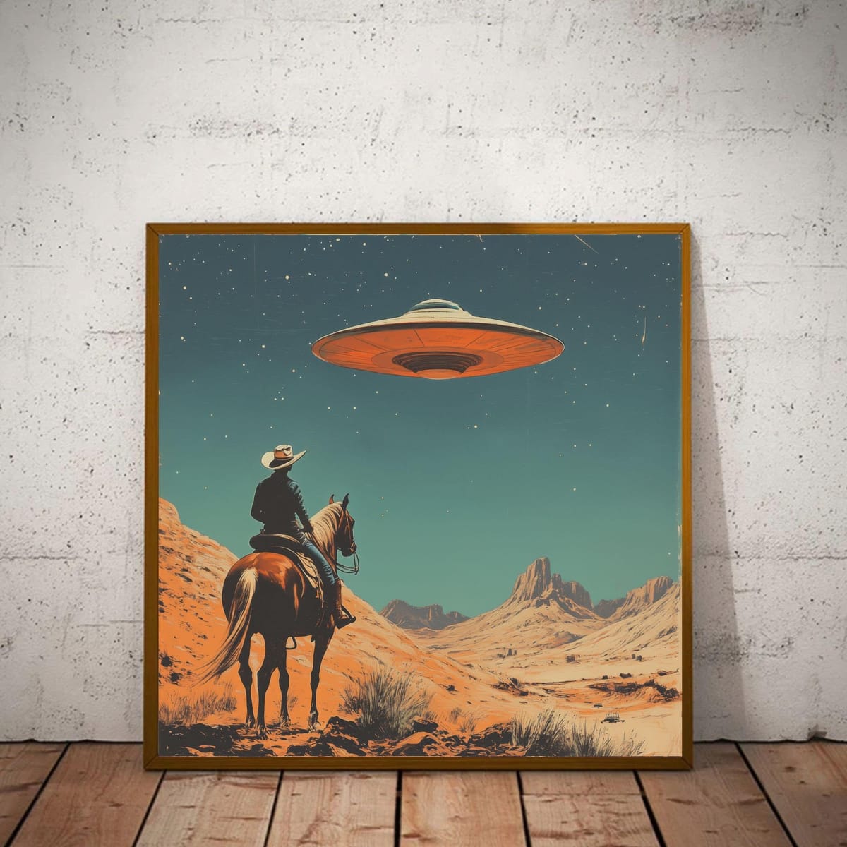 Cowboy UFO Art Print - Retro Western Sci-fi Wall Art - Mid Century Modern Desert Print - Alien Spaceship Vintage Poster - Etsy