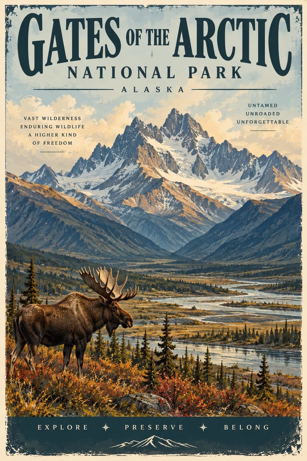 Gates of the Arctic National Park Poster, Alaska Wall Art, Moose Wildlife Print, Vintage National Park Digital Download