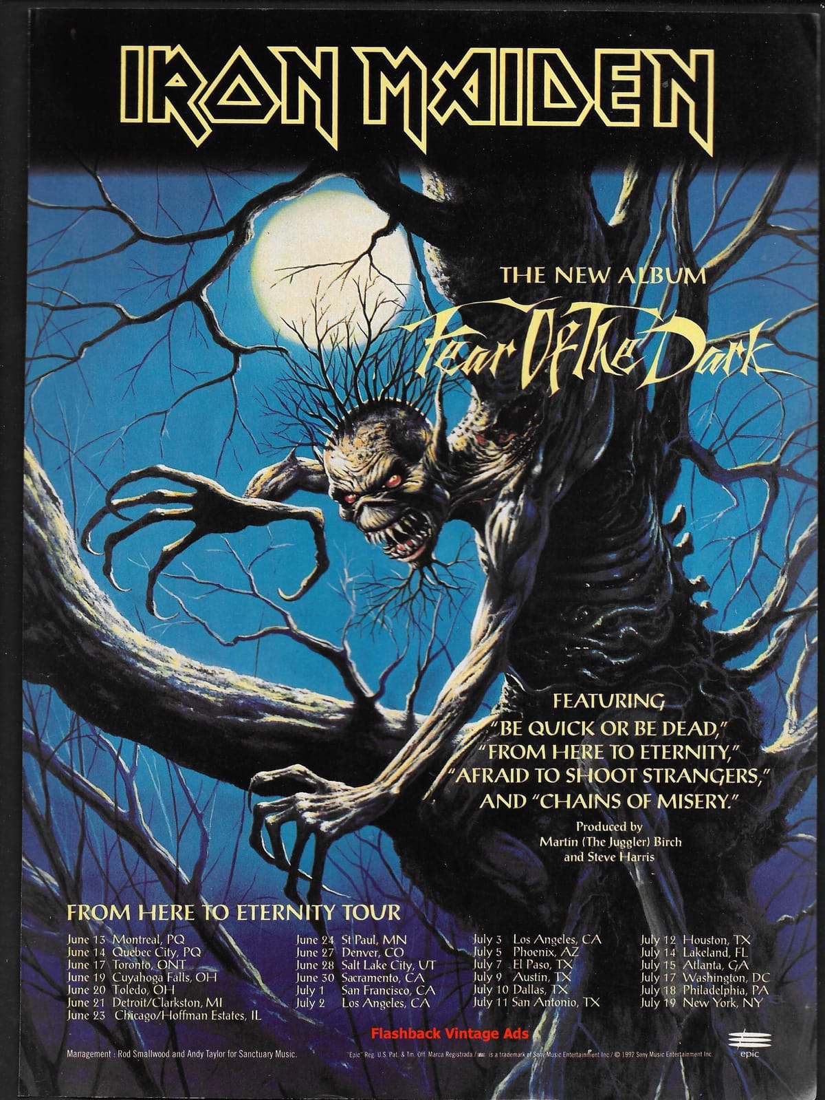Original 1992 Iron Maiden 'Fear Of The Dark' Album Release and North American Tour Music Industry Promotional Print Advertisement