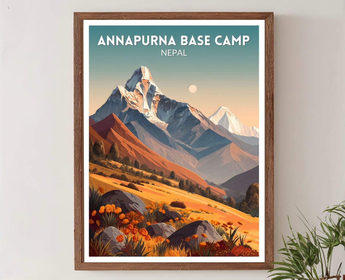 Annapurna Base Camp Nepal Retro Travel Poster, Mid Century Modern Vintage Mountain Landscape Art, Alpine Nature Wall Art