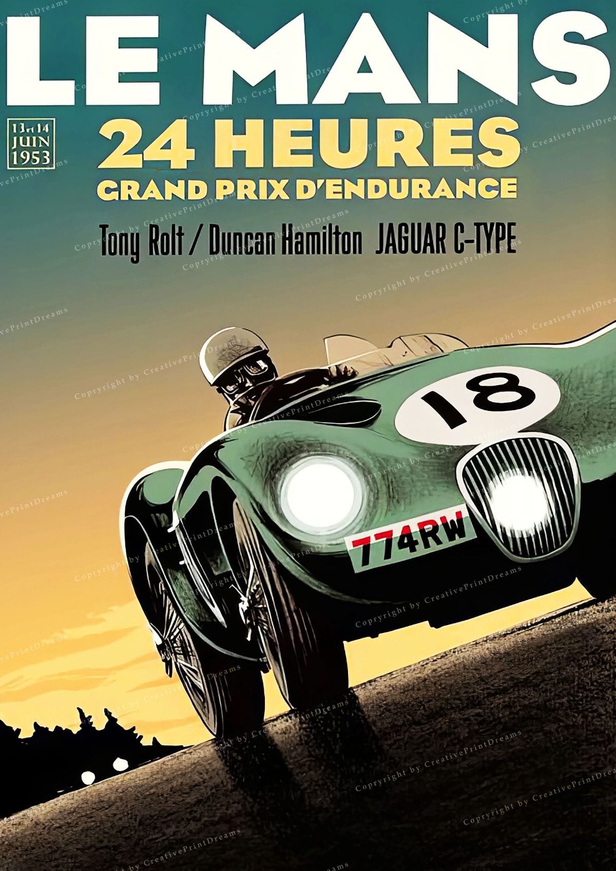 Vintage Car Racing Poster, LE MANS 24 HEURES, 1953
