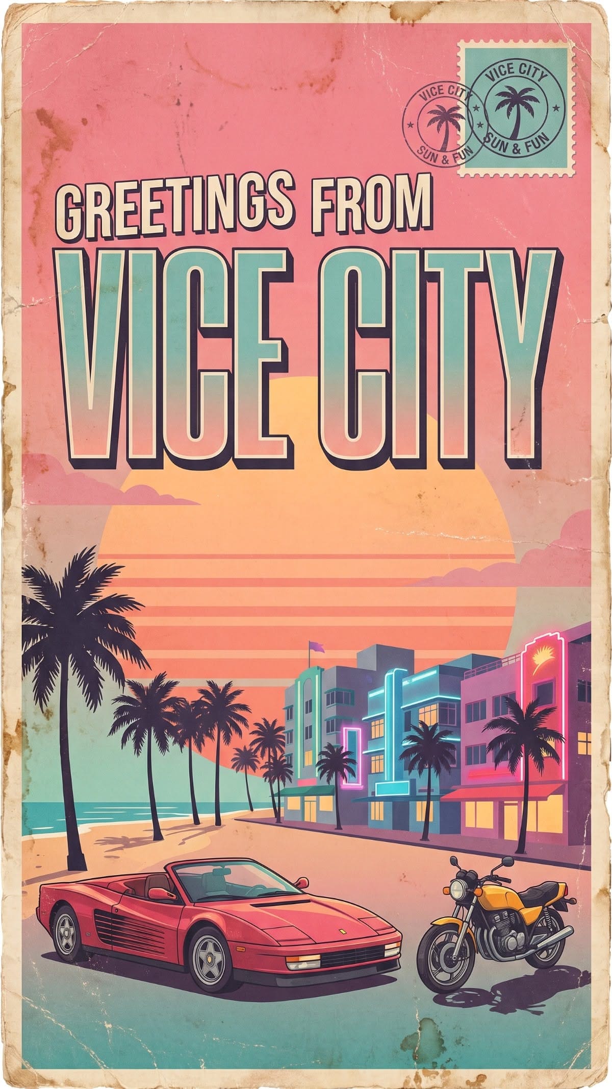 Greetings from Vice City – "Sun, Fun, and Zero Witnesses" | AI Vintage Postcard